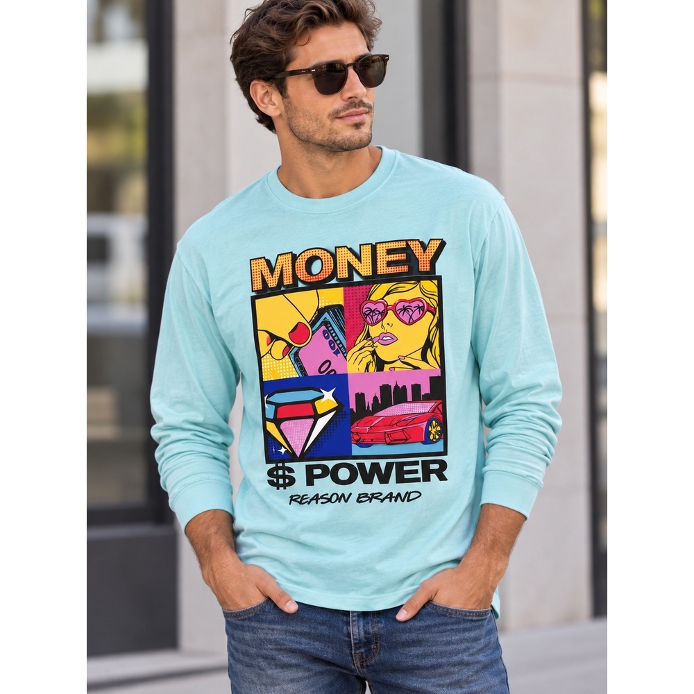 Reason Clothing Men's L Money Is Power Long Sleeve Tee Teal Pop Art Streetwear